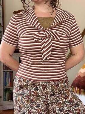 Vintage 80s Nautical Sailor Bib Top Striped Fitted Cropped Coastal Blouse Medium